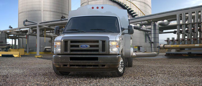 Silver Ford E-Series Cutaway facing the front