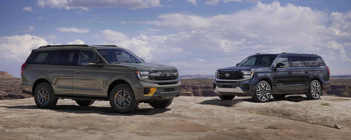 Two 2025 Ford Expeditions parked on the rocks