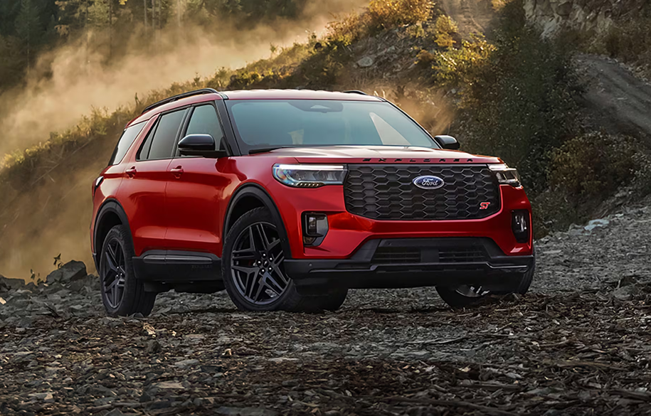 Red 2025 Ford Explorer parked on the rocks